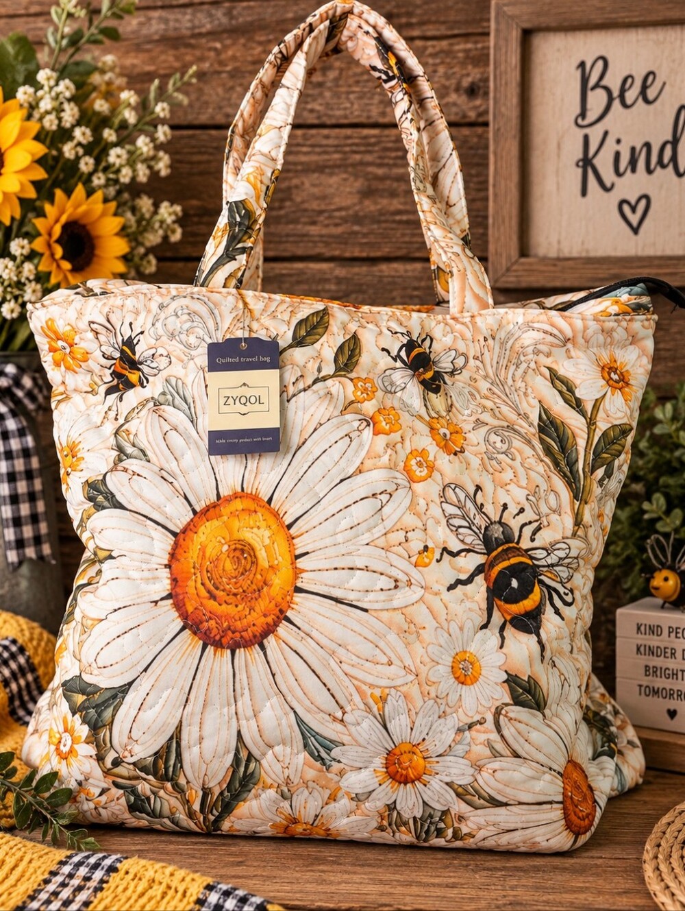 NWT ZYQOL Daisy Bumblebee Quilted Travel Tote Bag Floral Bee Zip Top 17”